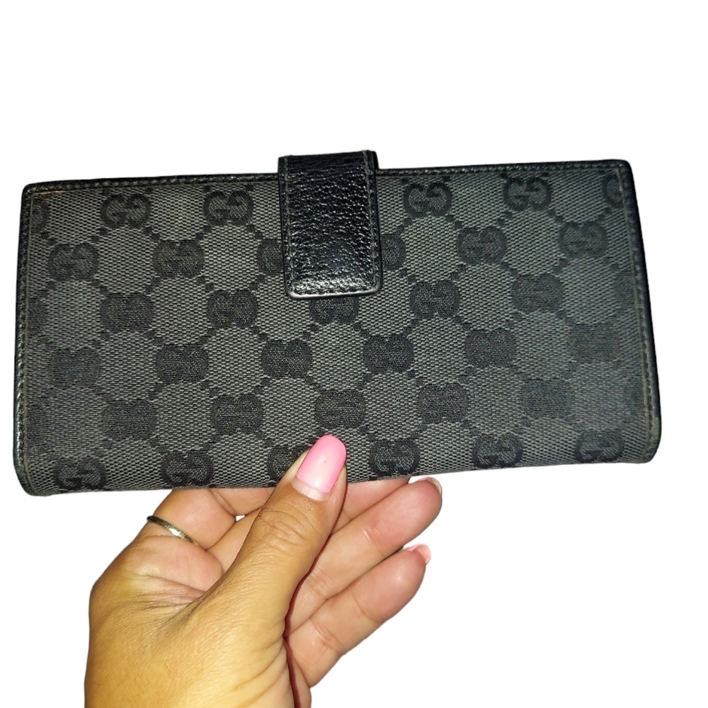 Gucci GG Black Leather Canvas Bamboo Collection Long Wallet - Picture 4 of 12